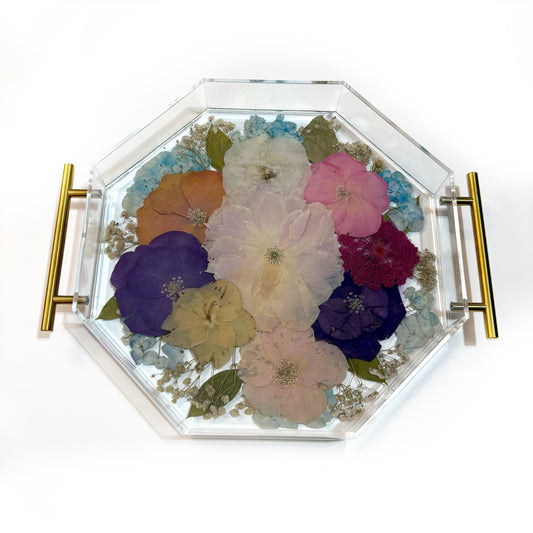 Octagon Serving Tray for wedding flower preservation, showcasing beautifully arranged dried flowers in resin.