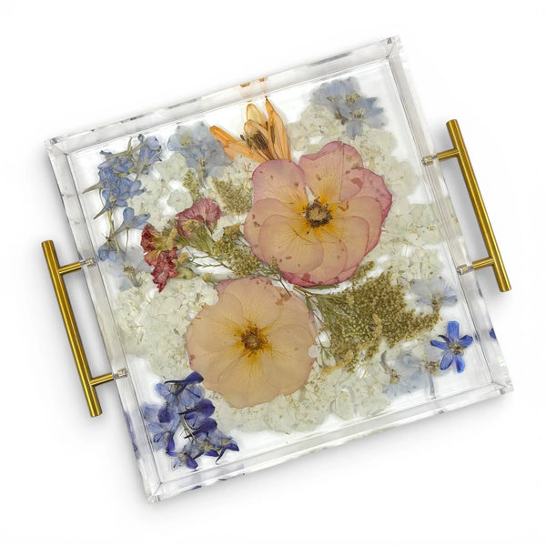 Square Serving Tray – Unique Epoxy Serving Tray with Preserved Flowers, 12x12 Inches Bloomsake