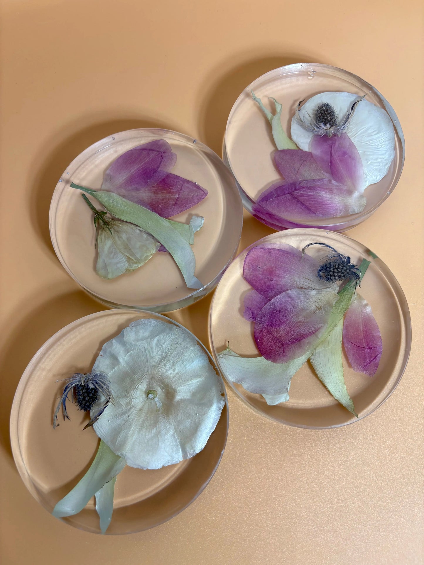 4-Piece Set of Pressed Flower Coasters - Handmade Floral Preservation Keepsakes Bloomsake