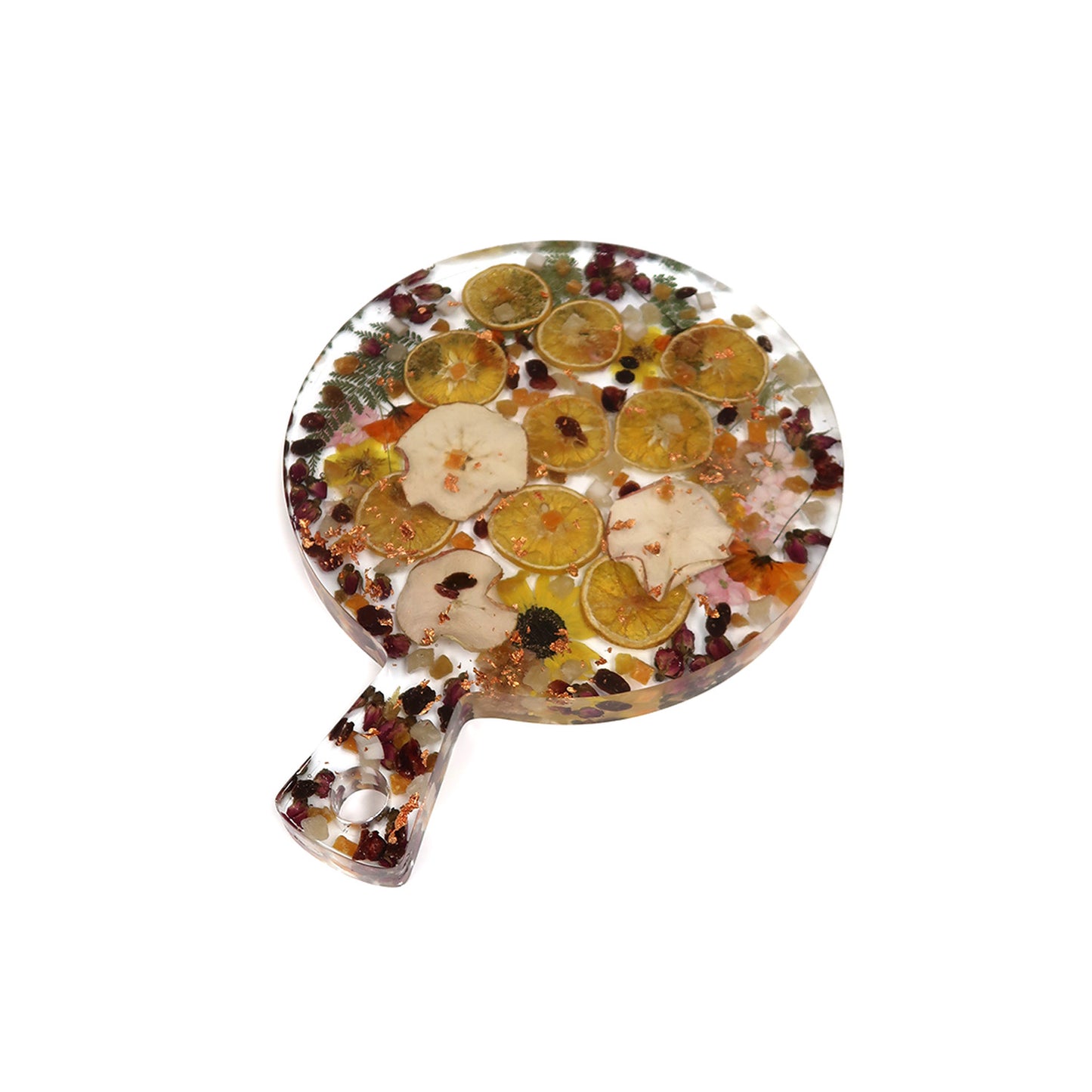 Beautiful floral resin charcuterie board featuring dried flowers by Bloomsake.