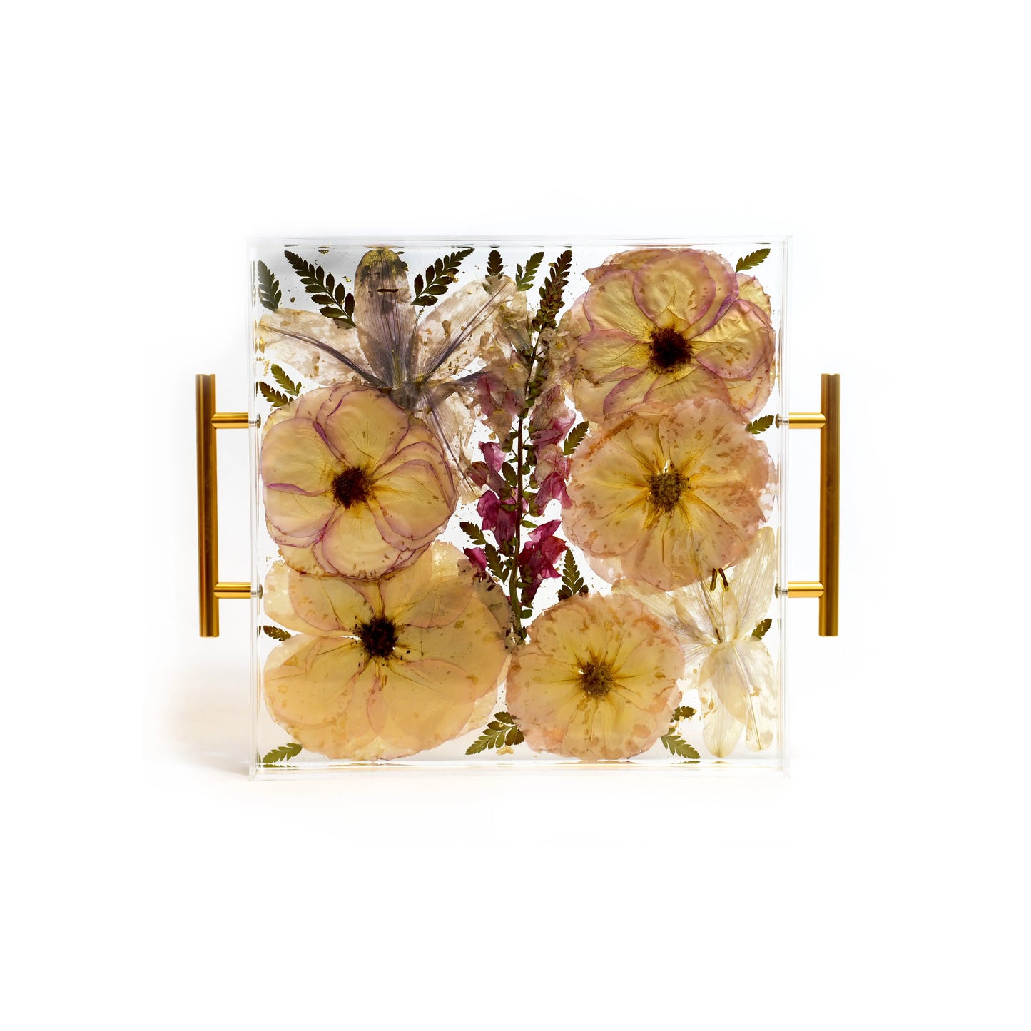 Vibrant Square Serving Tray featuring yellow and pink dried flowers encased in clear resin, ideal for adding charm to any space. This stunning epoxy serving tray combines functionality with elegance.