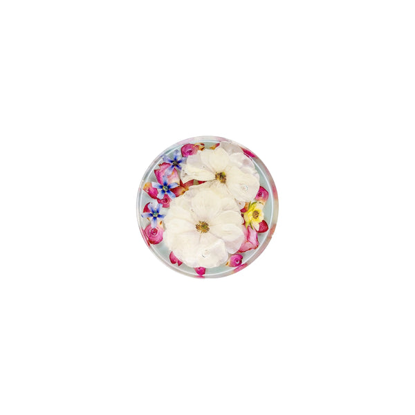 Beautiful floral preservation coaster showcasing pressed flowers, perfect for memory keepsakes. Custom made floral preservation coaster by Bloomsake.