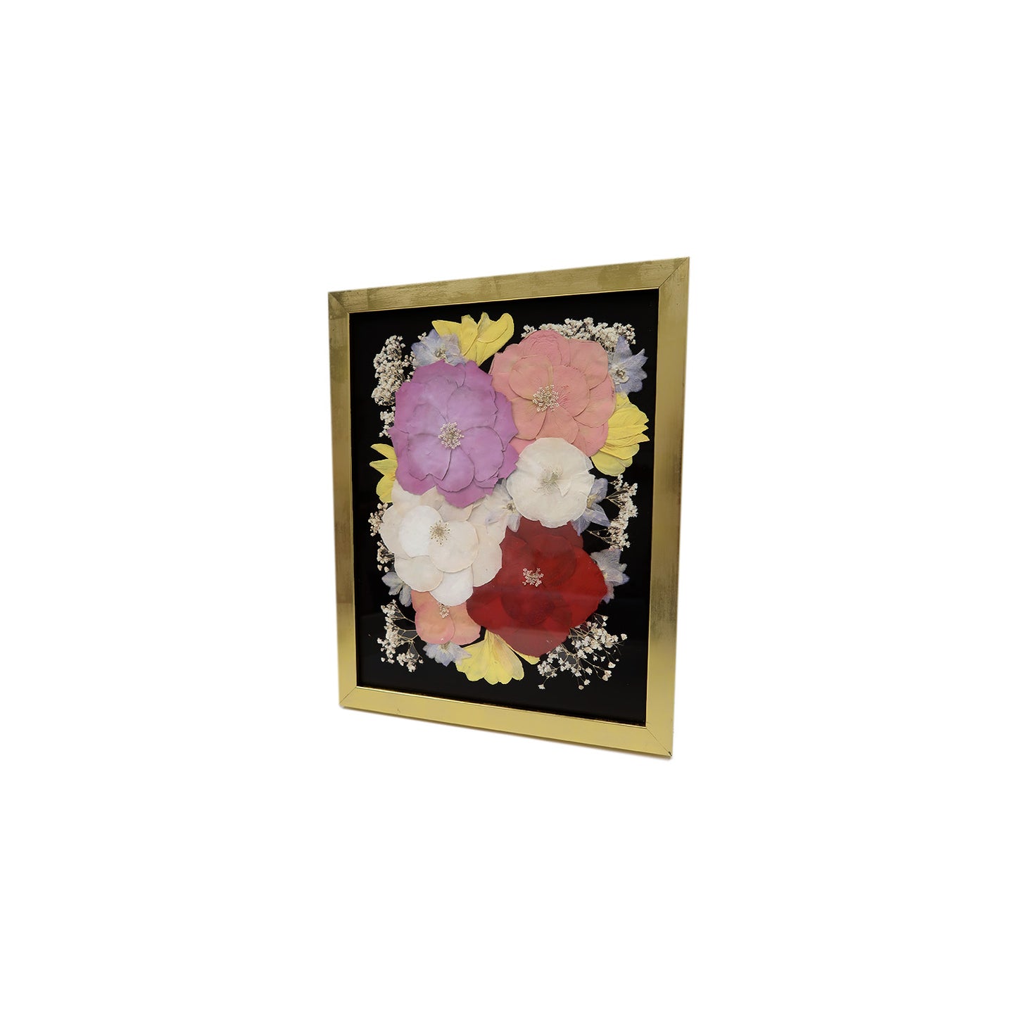 Elegant Gold Pressed Floral Frame designed with colorful pressed flowers, a stunning example of a unique pressed flower frame for decor.