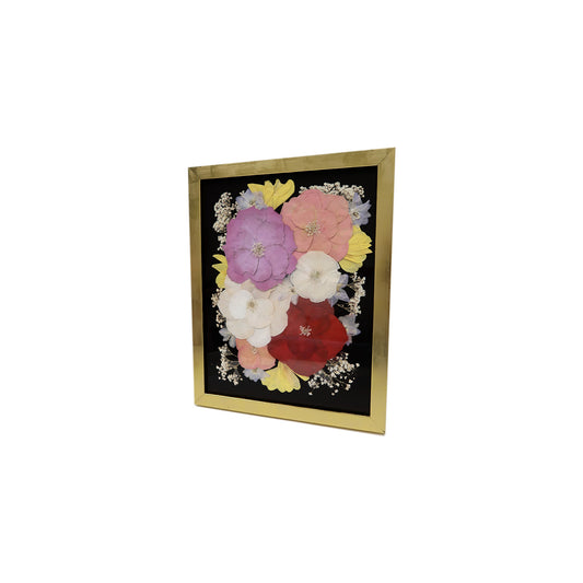 Elegant Gold Pressed Floral Frame designed with colorful pressed flowers, a stunning example of a unique pressed flower frame for decor.