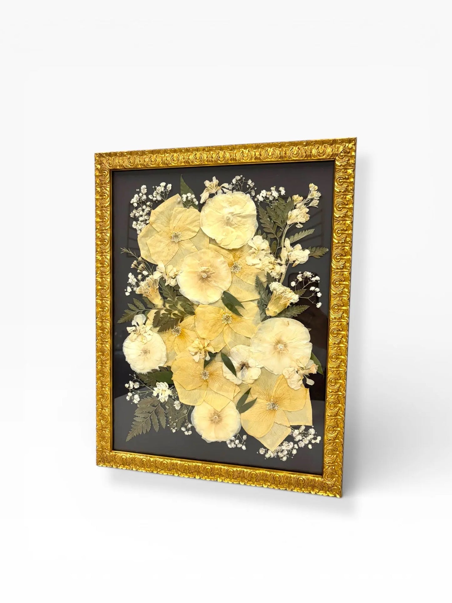 Ornate Gold Pressed Floral Frame for Unique Keepsakes Custom Floral Preservation Bloomsake