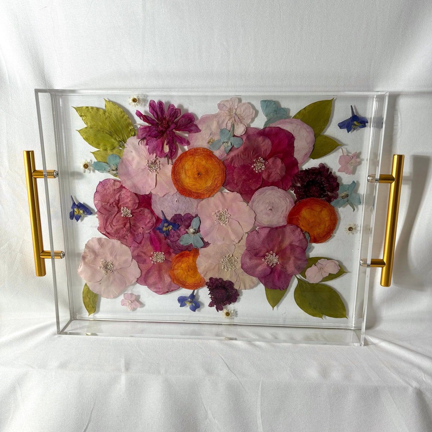 Stylish Rectangular Serving Tray perfect for bridal bouquet preservation, displaying a stunning collection of dried flowers.
