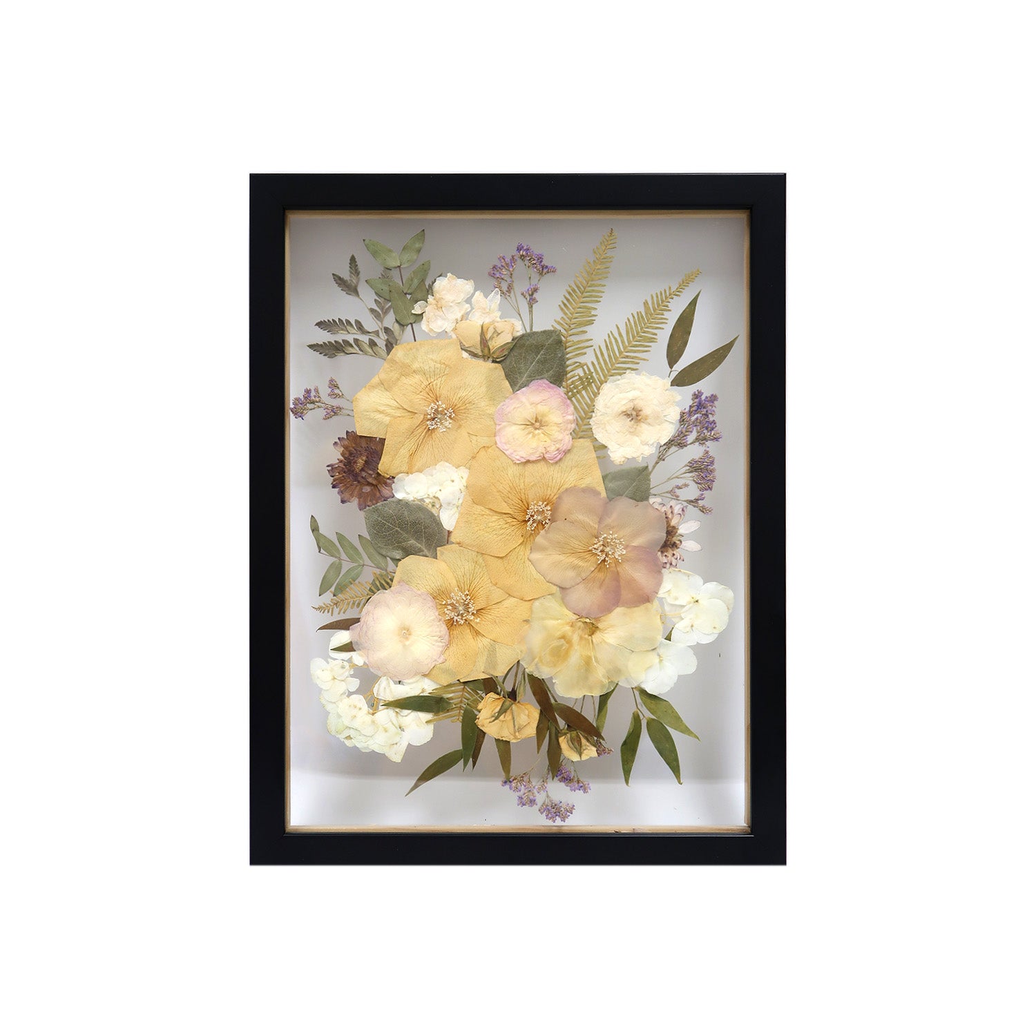Custom Black Pressed Floral Frame showcasing a beautiful display of preserved bridal bouquet flowers - Wedding Keepsake for Bridal Bouquet Preservation