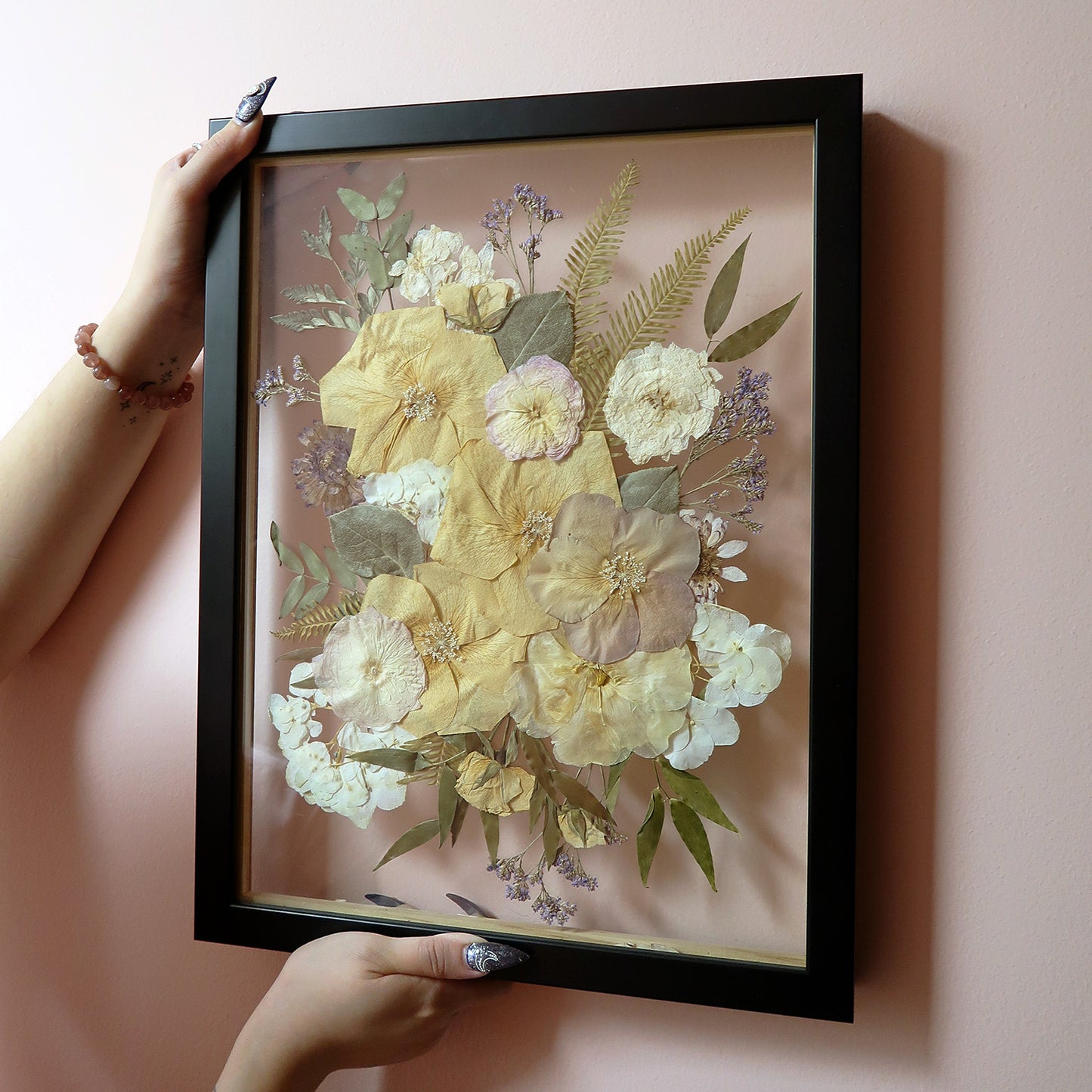 Another view of the Custom Black Pressed Floral Frame featuring vibrant pressed flowers, ideal for preserving wedding memories - Wedding Keepsake for Bridal Bouquet Preservation