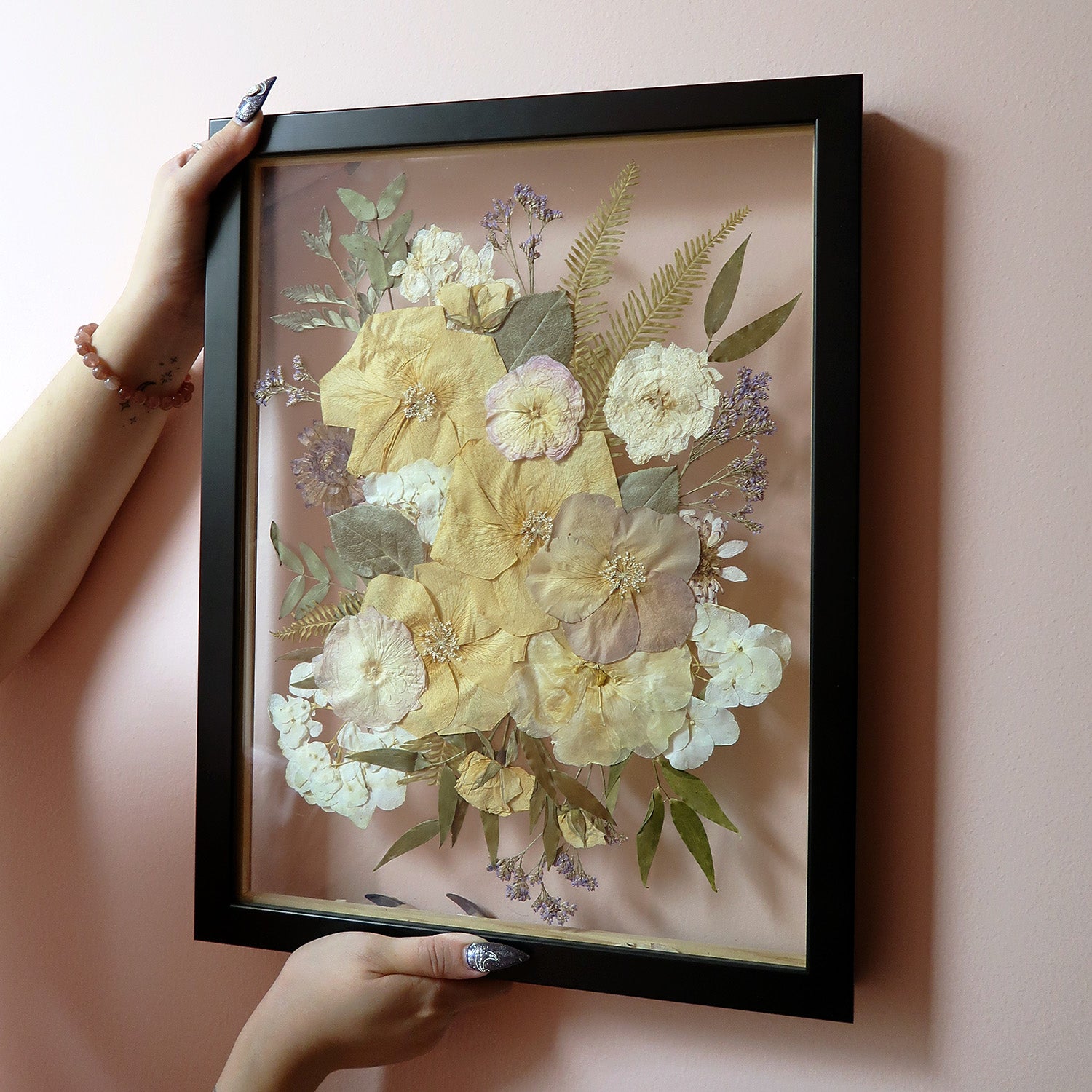 Another view of the Custom Black Pressed Floral Frame featuring vibrant pressed flowers, ideal for preserving wedding memories - Wedding Keepsake for Bridal Bouquet Preservation