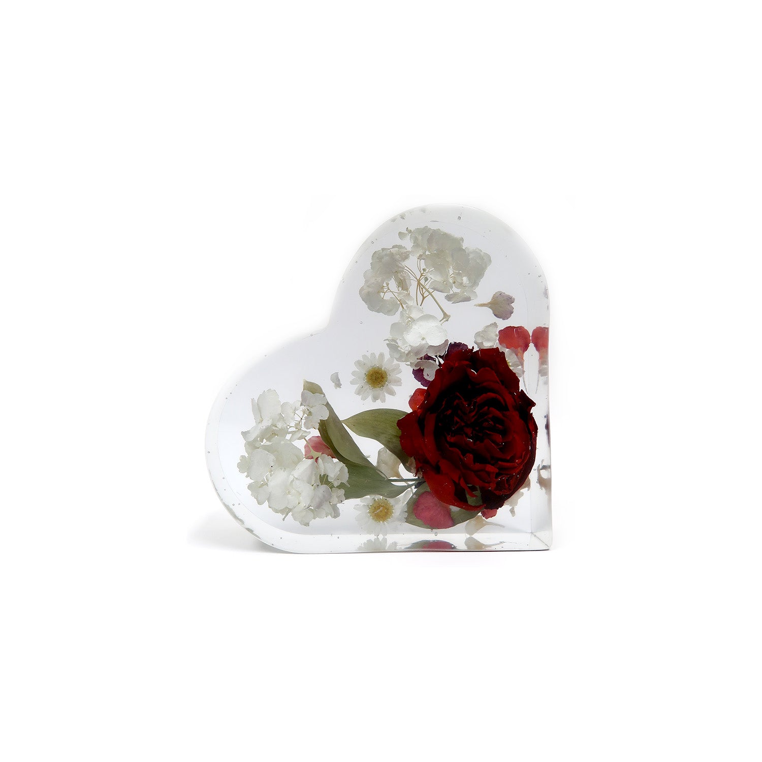 Charming Heart Block custom resin preservation featuring vibrant dried flowers, made by Bloomsake.
