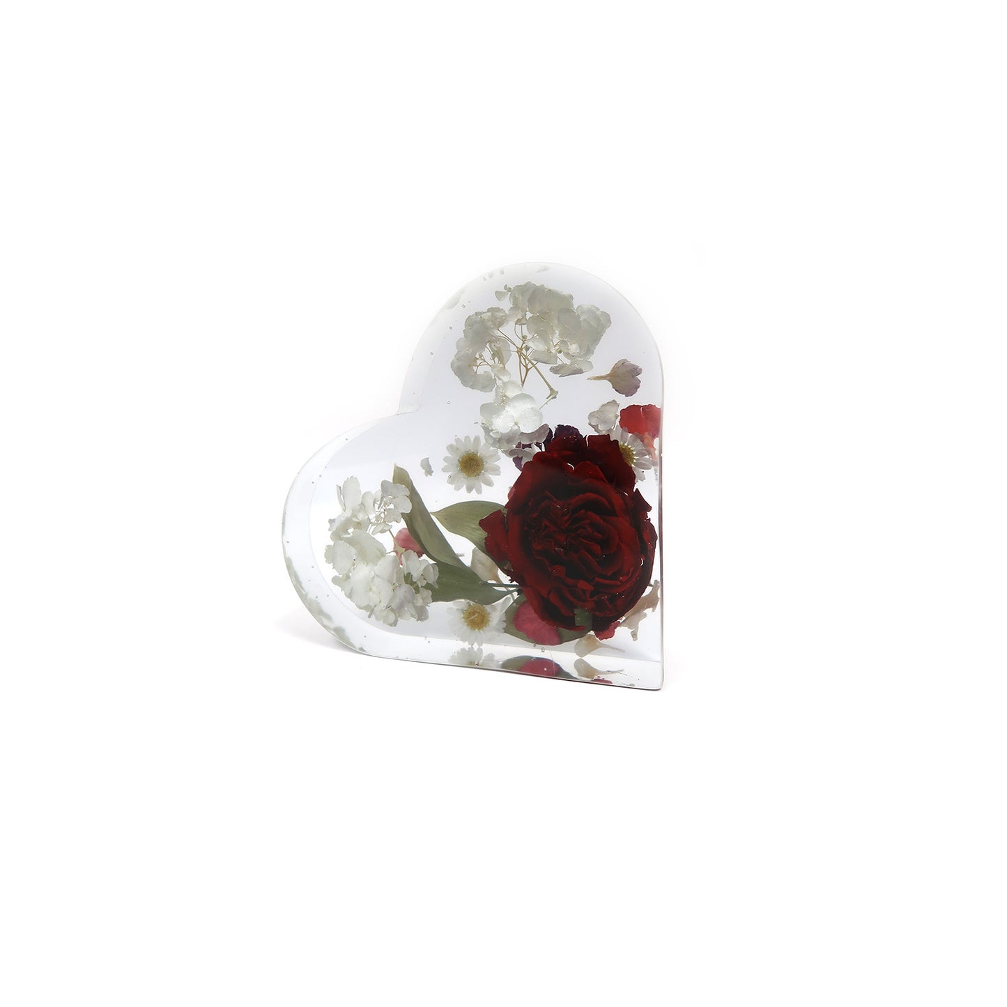 Elegant Heart Block custom resin preservation with an artistic display of preserved flowers.