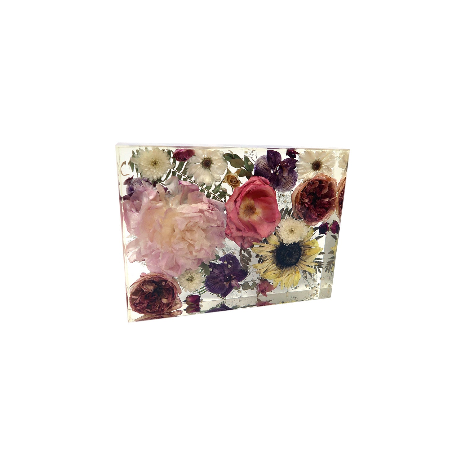 Close-up of a Rectangular Block featuring exquisite modern bouquet preservation in resin.
