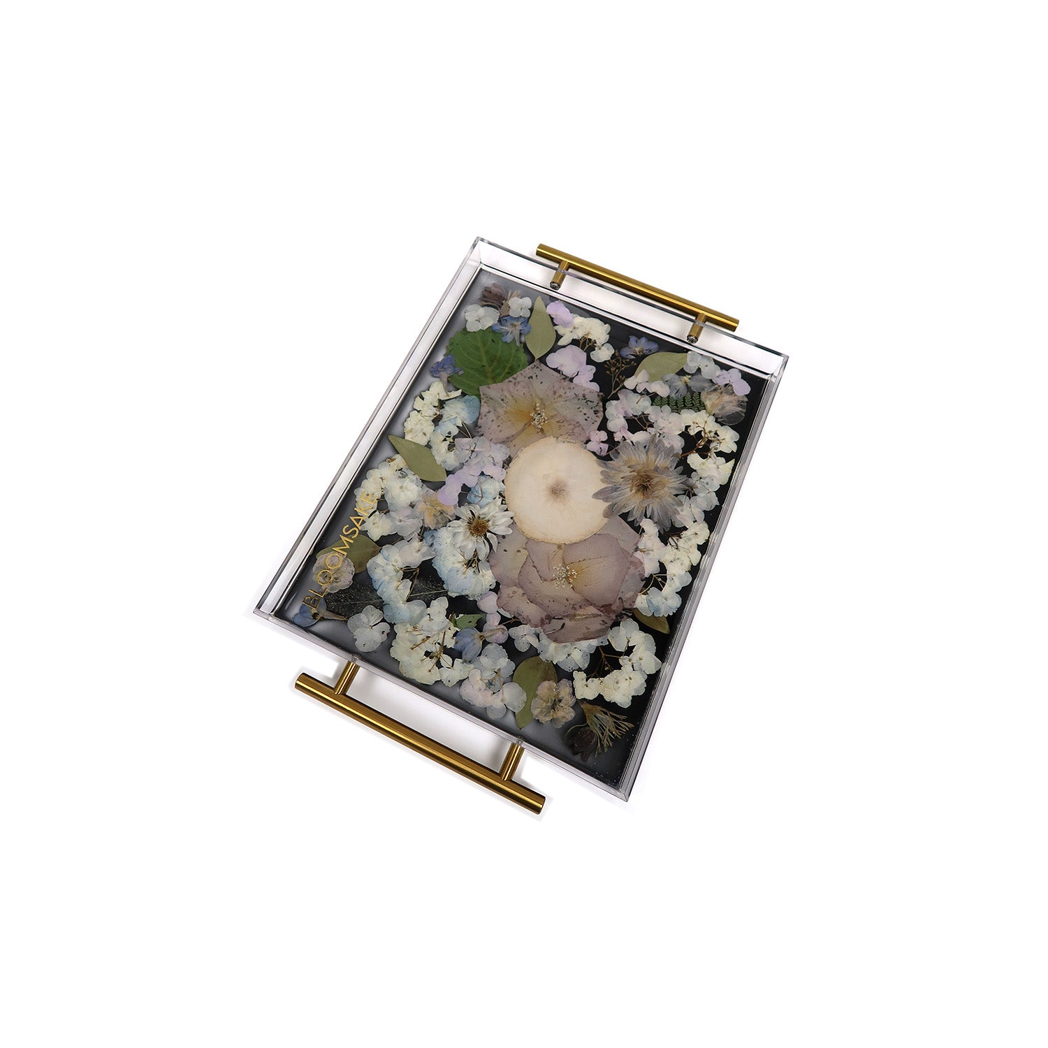 Artistic Rectangular Serving Tray used for bridal bouquet preservation, filled with vibrant preserved blooms.