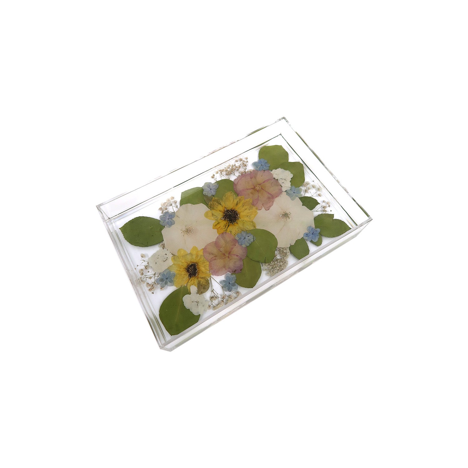 8x12 Rectangular Acrylic Tray showcasing custom flower preservation with vibrant blooms, perfect for home decor.
