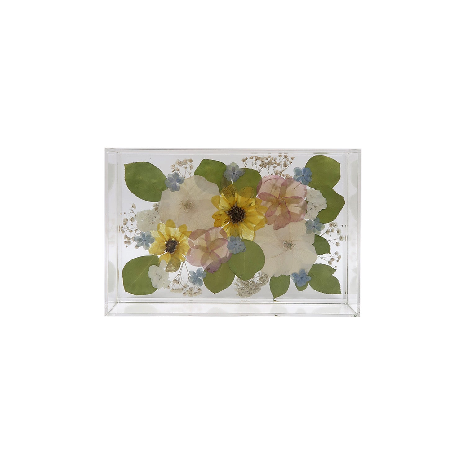 Unique flower preservation in an 8x12 Rectangular Acrylic Tray, featuring beautifully arranged dried flowers.