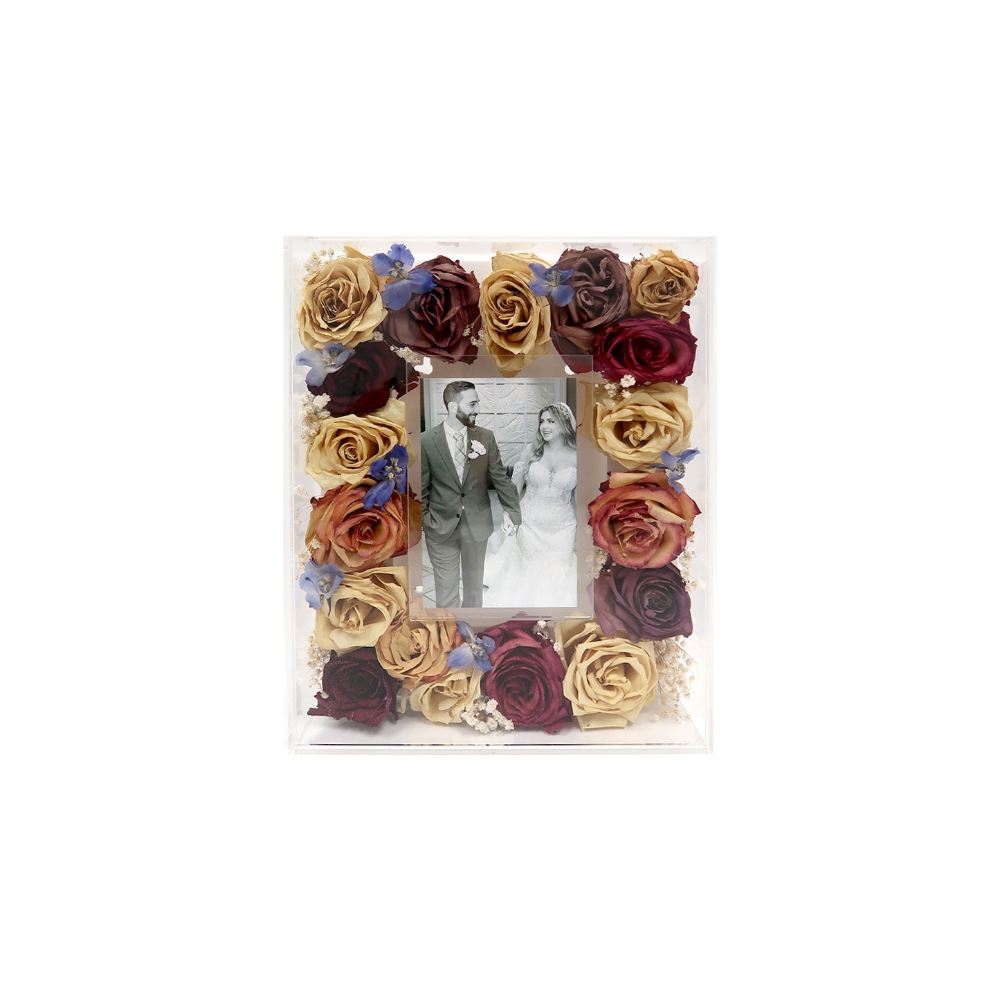 Bridal Bouquet Flower Preservation Acrylic Shadow Box featuring preserved flowers beautifully displayed.