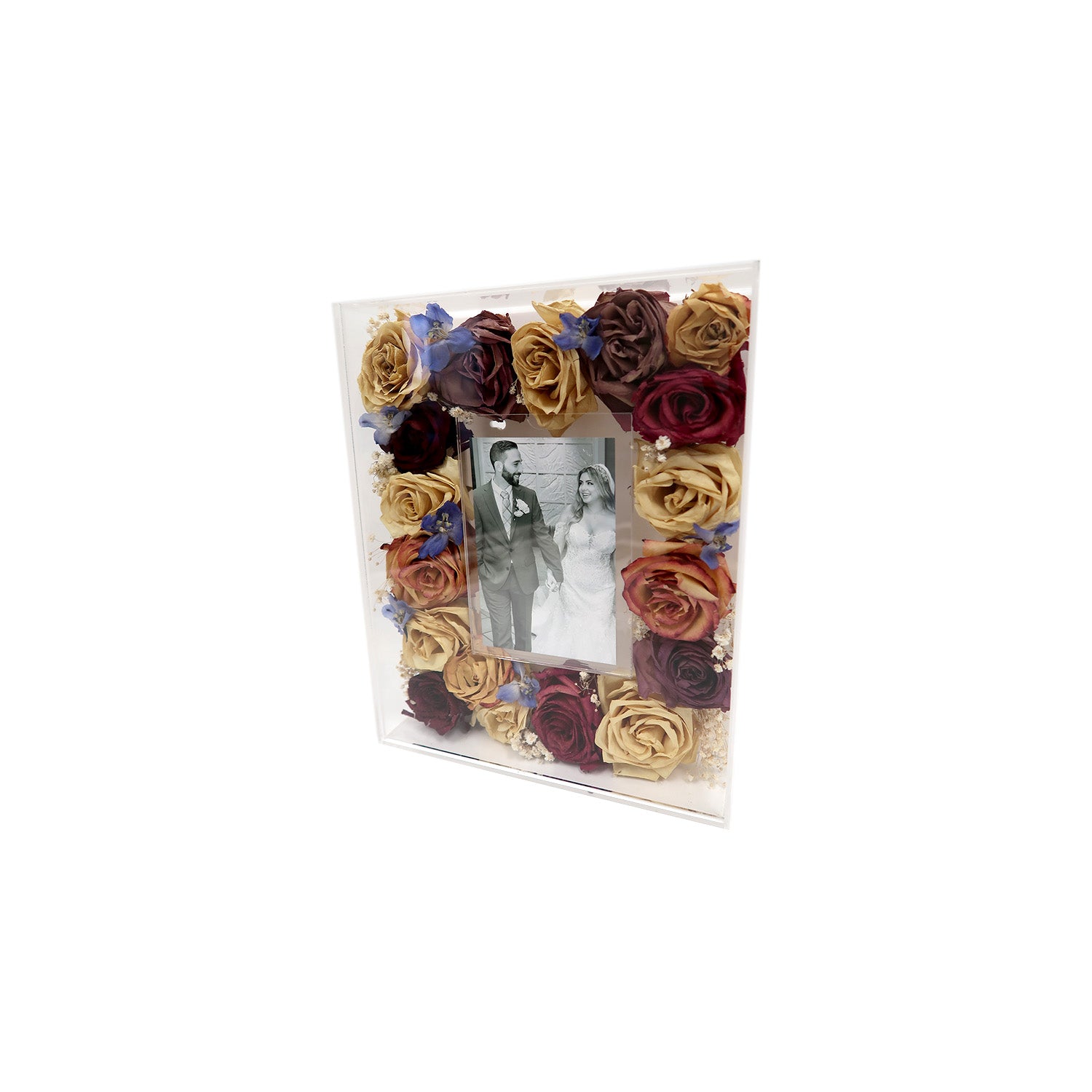 Charming display of the Bridal Bouquet Flower Preservation Acrylic Shadow Box with flowers and a photo centerpiece.