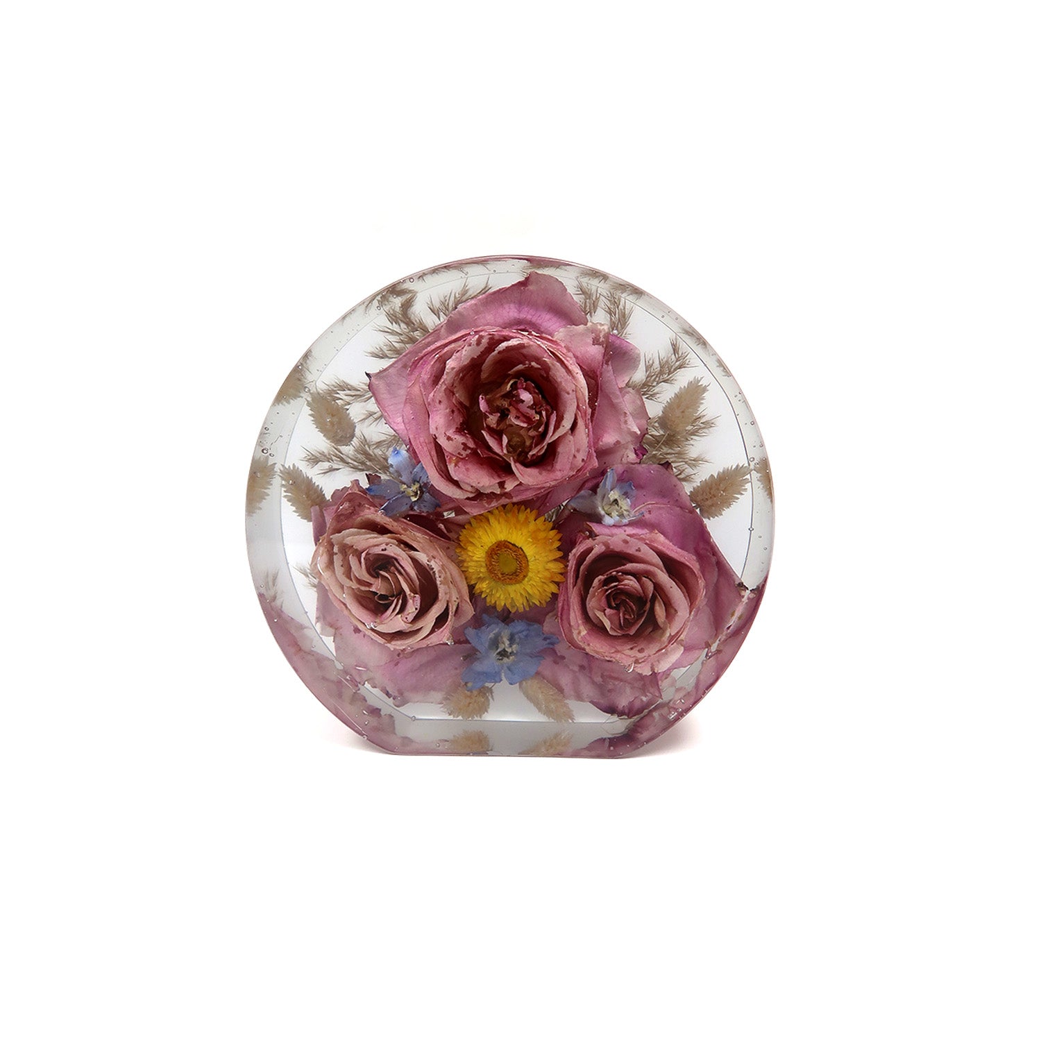 Circle Block featuring a stunning example of resin floral preservation, showcasing vibrant dried flowers encapsulated in resin.