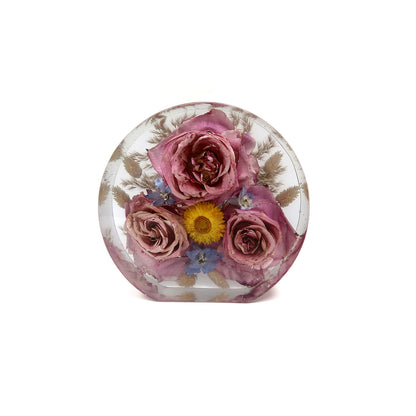 Circle Block featuring a stunning example of resin floral preservation, showcasing vibrant dried flowers encapsulated in resin.
