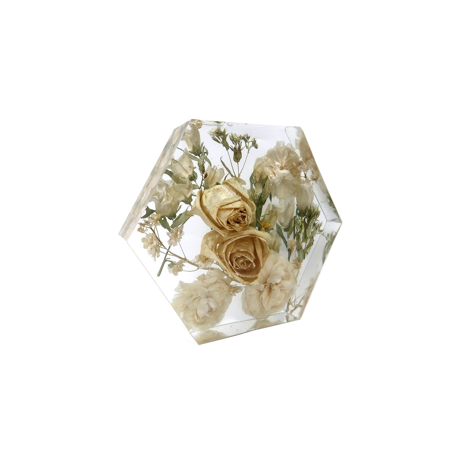 Close-up of Hexagon Block showing intricate details of a bridal bouquet keepsake design.