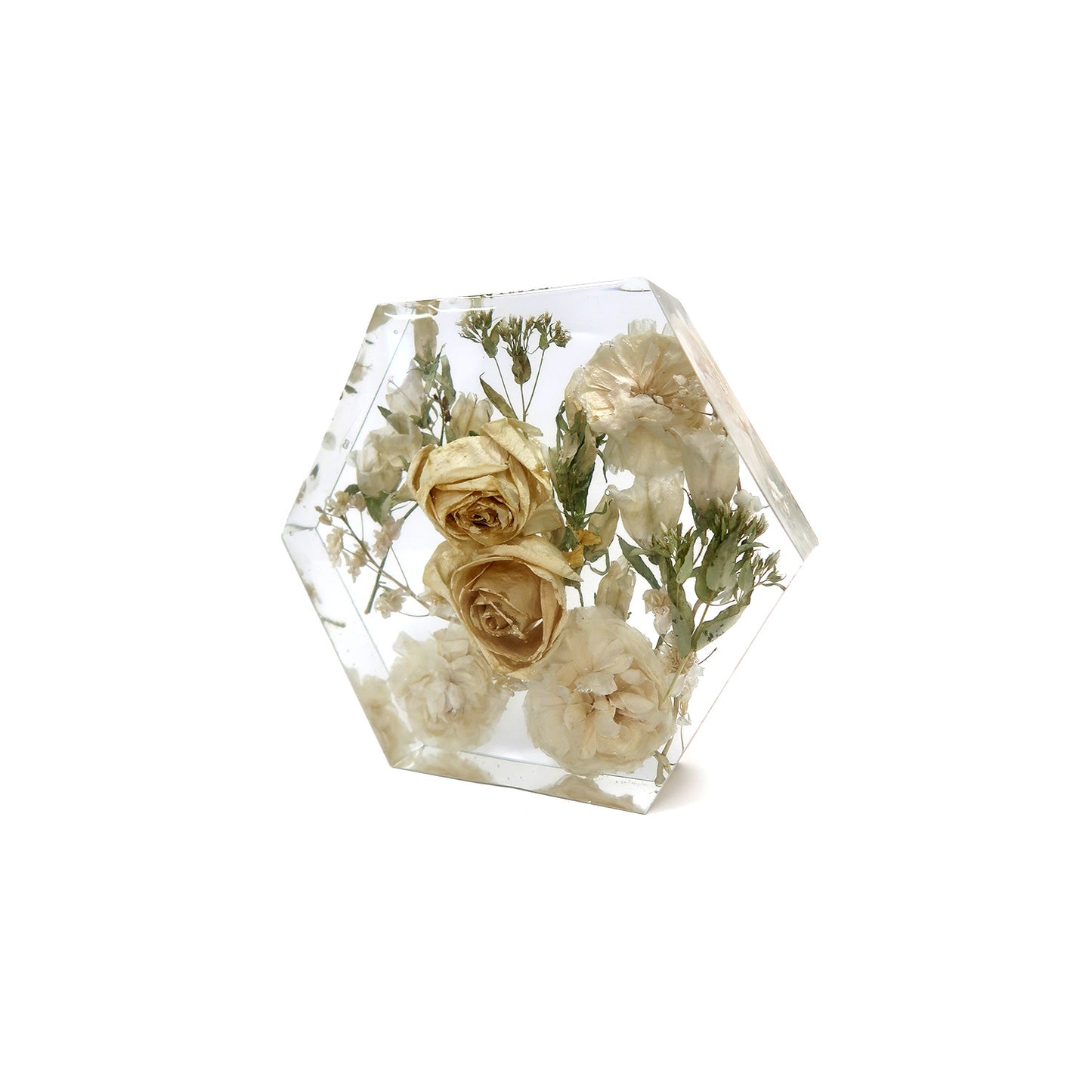 Beautifully arranged Hexagon Block showcasing a unique bridal bouquet keepsake made by Bloomsake.