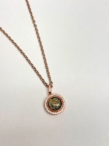 Aurora Necklace featuring an 8mm round resin charm with preserved flower petals, a beautiful piece by Bloomsake.