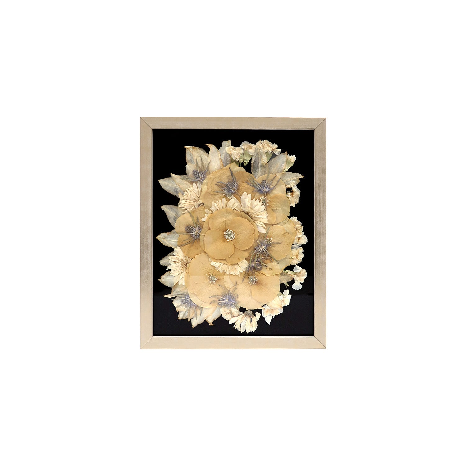 Custom Flower Preservation: Exquisite Champagne Pressed Floral Frame Artwork featuring vibrant flowers for a timeless keepsake.