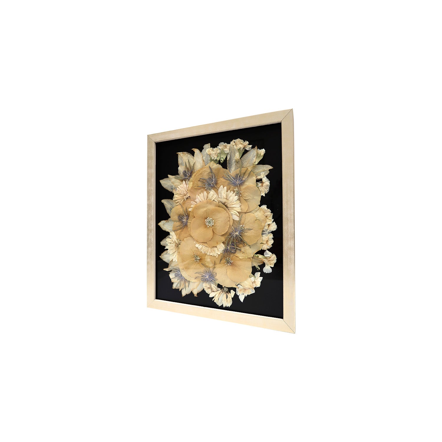 Custom Flower Preservation: Beautifully arranged Bouquet in a Champagne Pressed Floral Frame to cherish special moments.
