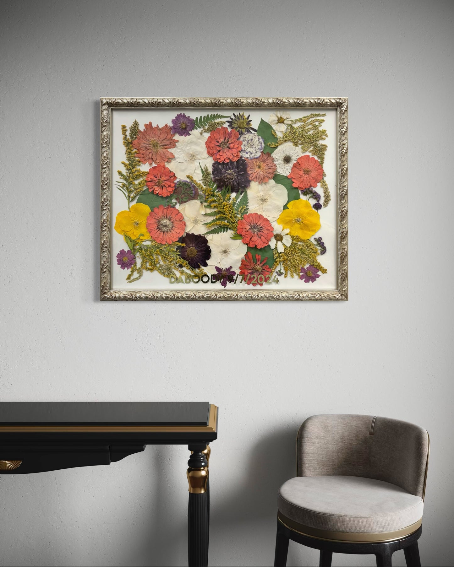 Custom Ornate Silver Pressed Floral Frame for Wedding Flower Preservation
