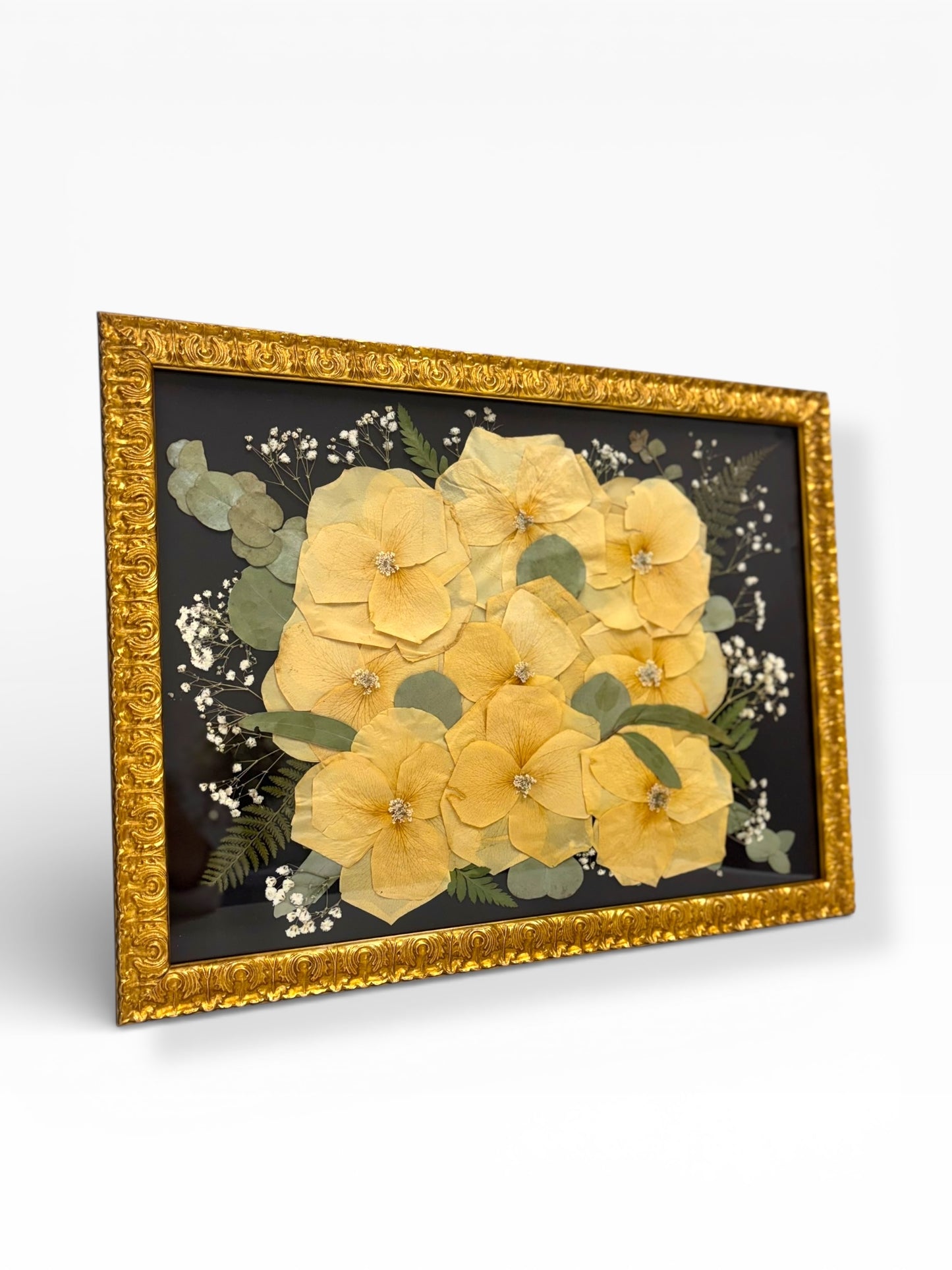Ornate Gold Pressed Floral Frame for Unique Keepsakes Custom Floral Preservation