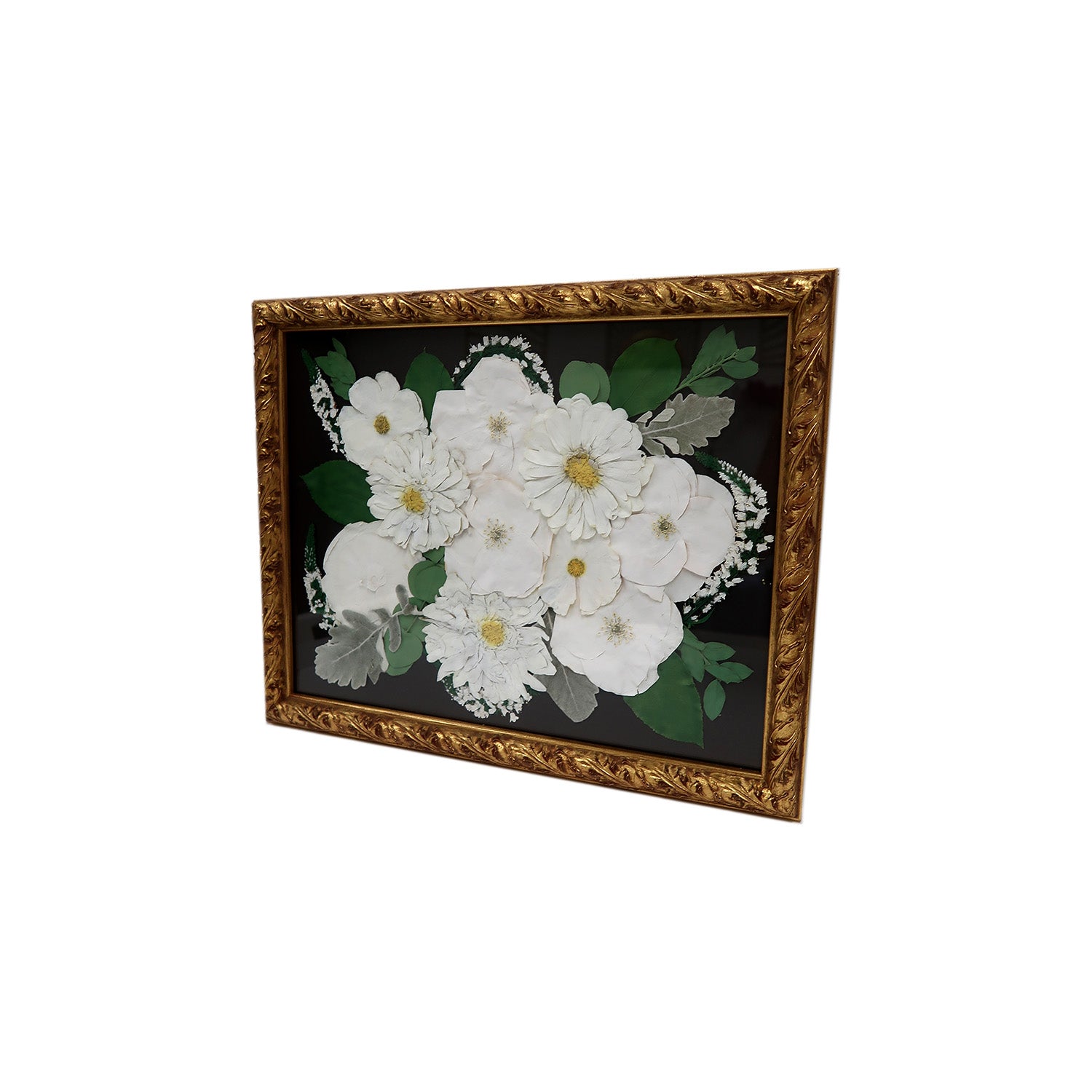 Artistic display of Ornate Gold Pressed Floral Frame featuring unique custom floral preservation and vibrant colors of preserved flowers.