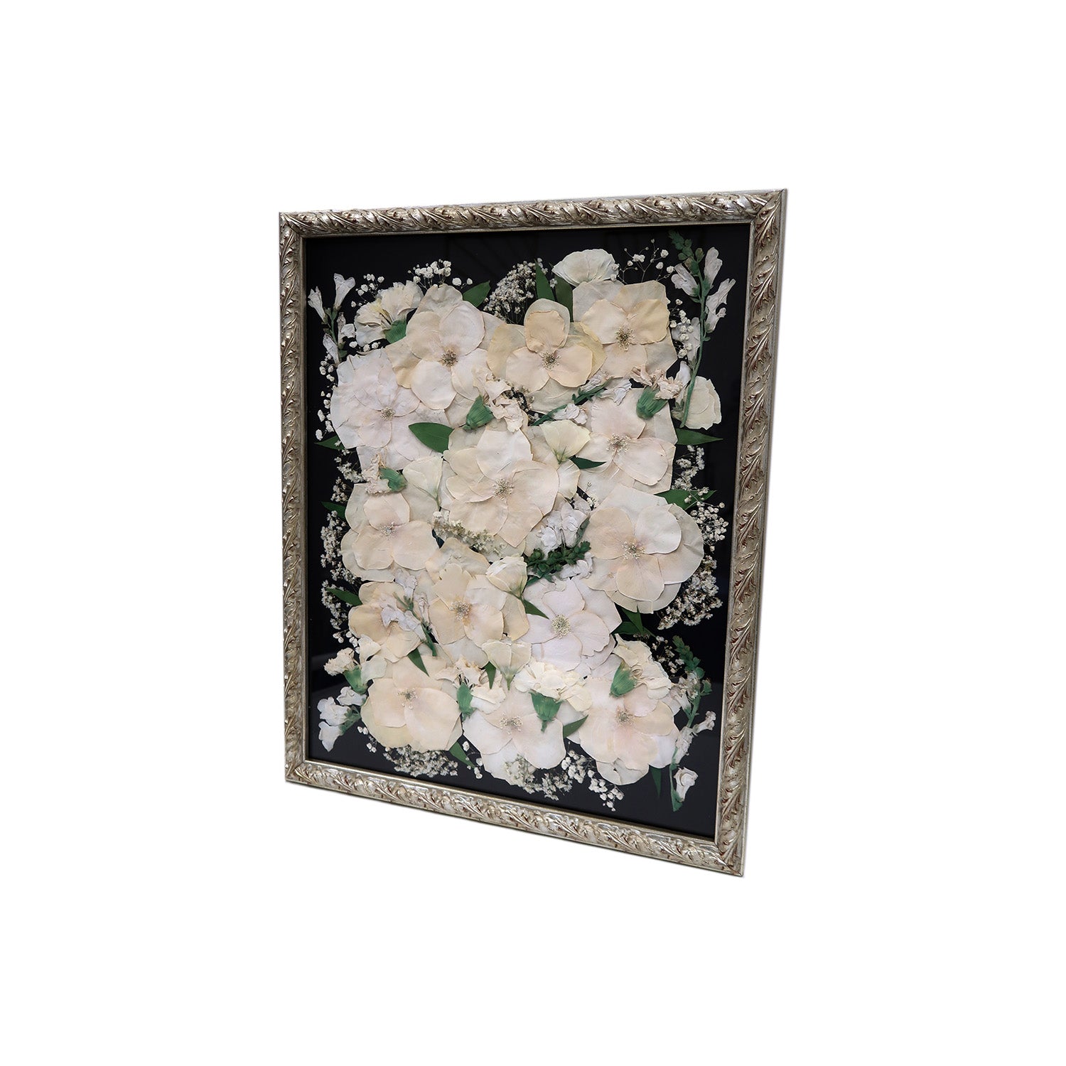 Detailed view of the Ornate Silver Pressed Floral Frame, perfect for wedding flower preservation, featuring vibrant dried floral arrangements.