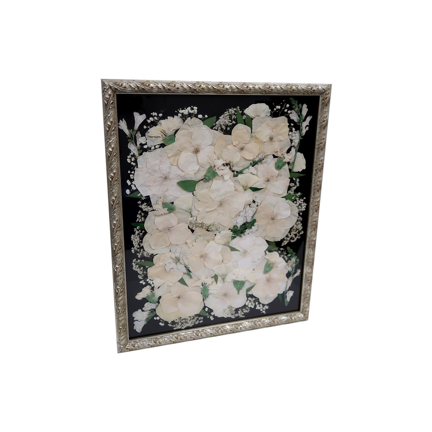 Artistic display of the Ornate Silver Pressed Floral Frame, a unique option for wedding flower preservation, highlighting natural dried blooms.