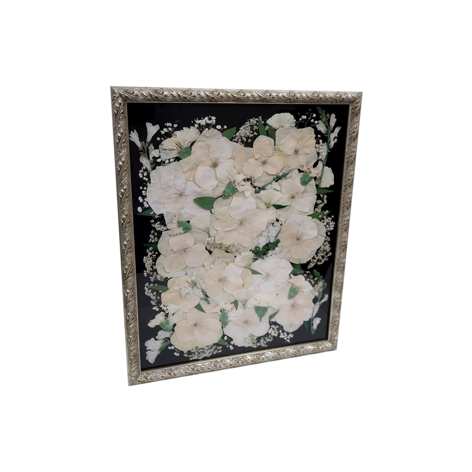 Artistic display of the Ornate Silver Pressed Floral Frame, a unique option for wedding flower preservation, highlighting natural dried blooms.