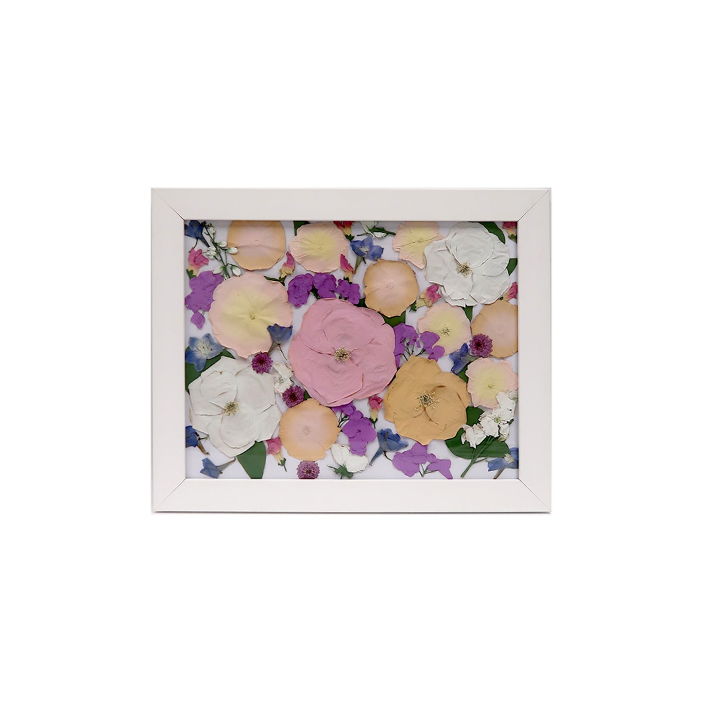 Timeless Beauty of a White Pressed Floral Frame featuring carefully arranged preserved flowers to commemorate cherished experiences.